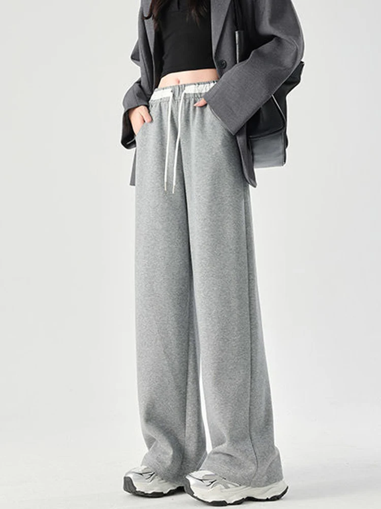 Zoki Women Loose Vintage Sweatpants High Waist Casual Pockets Wide Leg Pant Streetwear High Quality Retro American Gray Pants