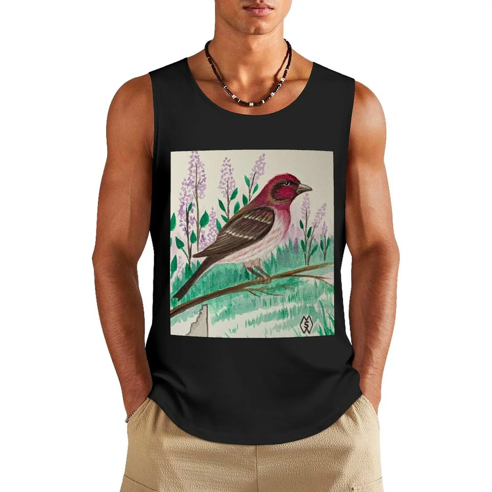 

New Hampshire state bird and flower, the purple finch and purple lilac Tank Top singlets for men plain t-shirt gym clothing men