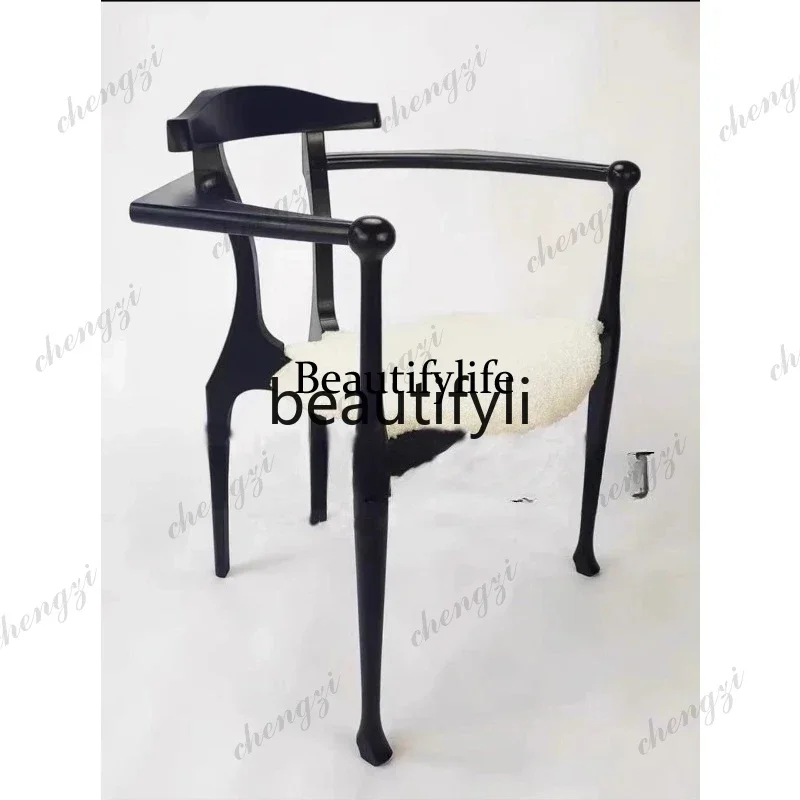 03  Special-shaped wabi-sandy wind solid wood niche Nordic light luxury dining chair model room hotel practical retro dini