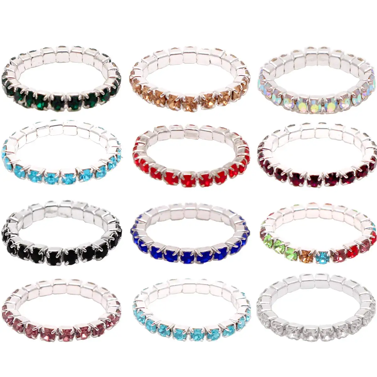 

12pcs (12 Colors) Elastic Crystal Toe Ring Mixed Color Wholesale Lot Body Jewelry Pack