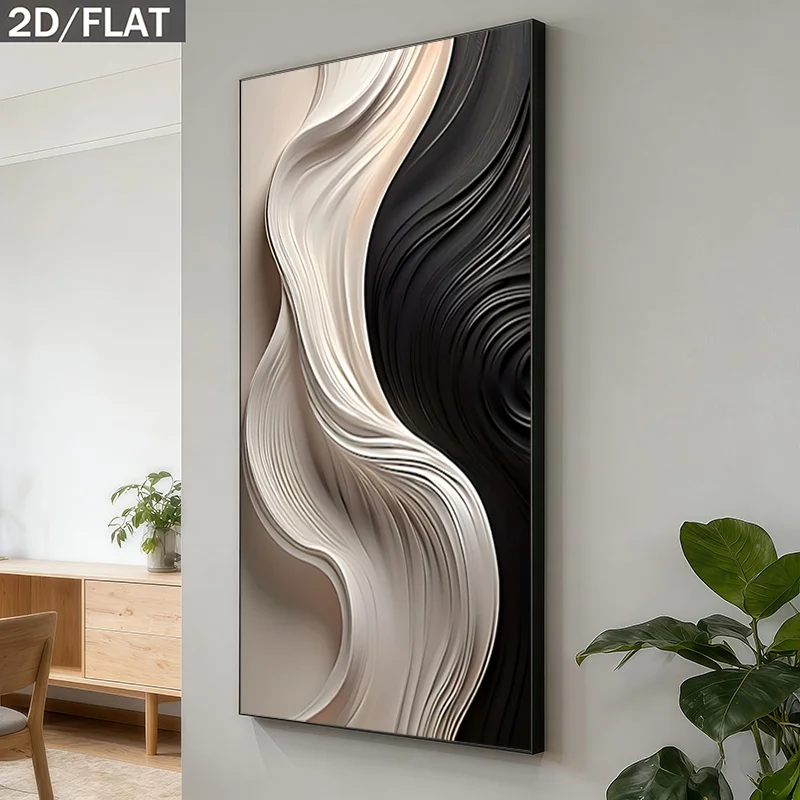 Frameless Abstract Wave Canvas Wall Art Piece in Black And White, Featuring a Modern Minimalist Design. 2D Flat, Print Is Suita