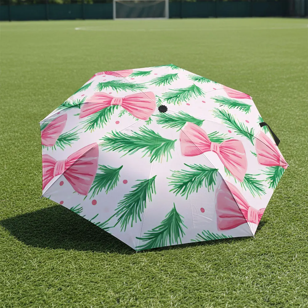 1P C Decorative Umbrella with Pink Bow and Greenery Design Print 8 Iron Ribs Folding Umbrella Auto-Open Fashion Sunshade