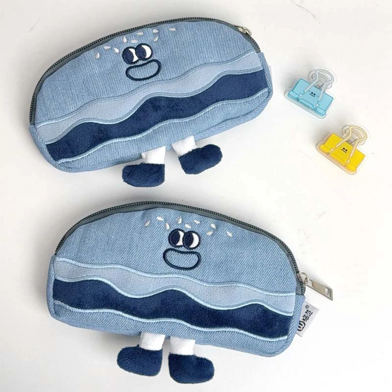 Blue Denim Pen Bag Large Capacity Cartoon Stationery Storage Bag Interesting Expressions Stationery Organizer School Office