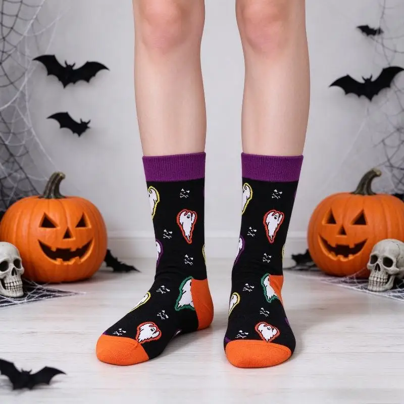 3/5 Pairs Halloween Funny Socks Patterns Pumpkin Skull Ghost Print Sock Soft Stretchable Middle Tube Socks for Men Women