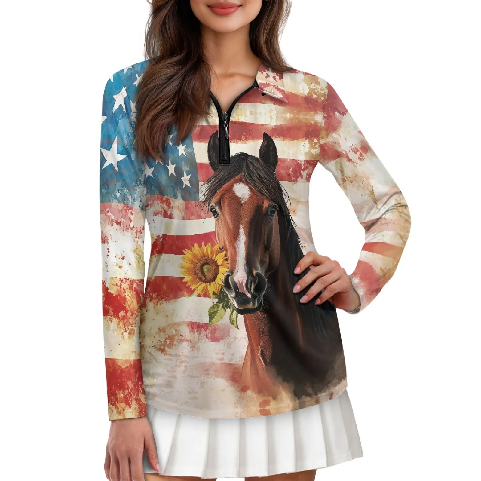 PENSTROLL Horse American Flag Womens Quarter Zip Athletic Shirts Lightweight Golf Tops for Yoga