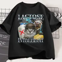 Camiseta con Meme de gato divertido intolerante de lactosa para hombre y mujer, camisetas de manga corta a la moda Retro, camisetas informales acogedoras de algodón de gran tamaño