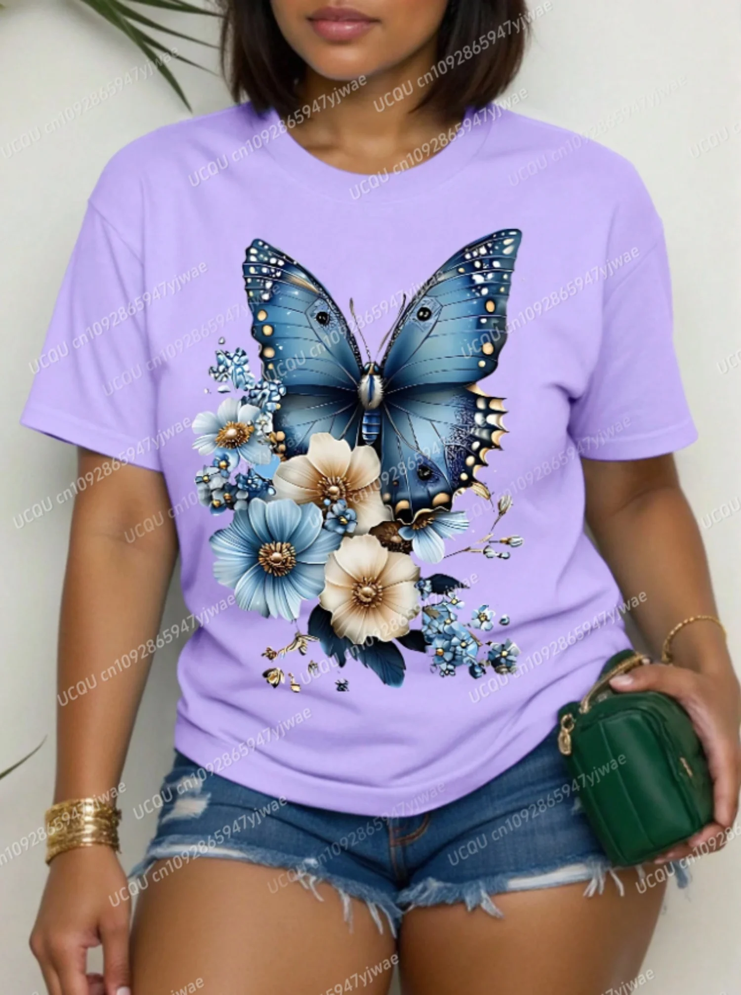 

2025 Women American Butterfly Floral Print O-Neck Short Sleeve T-Shirt Summer Tee Daily Home Lady Oversize Sport T-Shirt