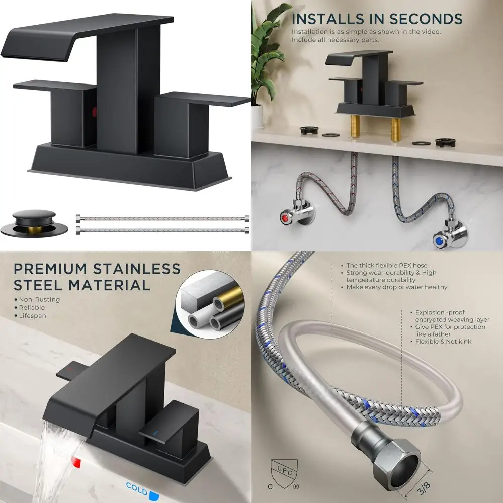 

Matte Black Double Handle Centerset Bathroom Faucet with Pop-Up Drain for 4 Sink, Suitable for Vanity and RV Remodel