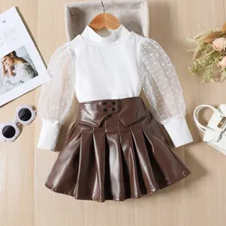 Autumn Kids Girls 2pcs Fashion Clothes Sets 1 2 3 4 5 6Y Mesh Long Puff Sleeve Turtleneck Tops+PU Leather Pleated Skirts Suits