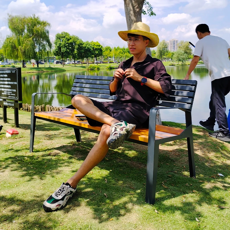 مقعد في الهواء الطلق حديقة الحديد المطاوع مقعد بارك البلاستيك الخشب كرسي المضادة للتآكل الخشب مقعد الترفيه الفولاذ المقاوم للصدأ بارك كرسي