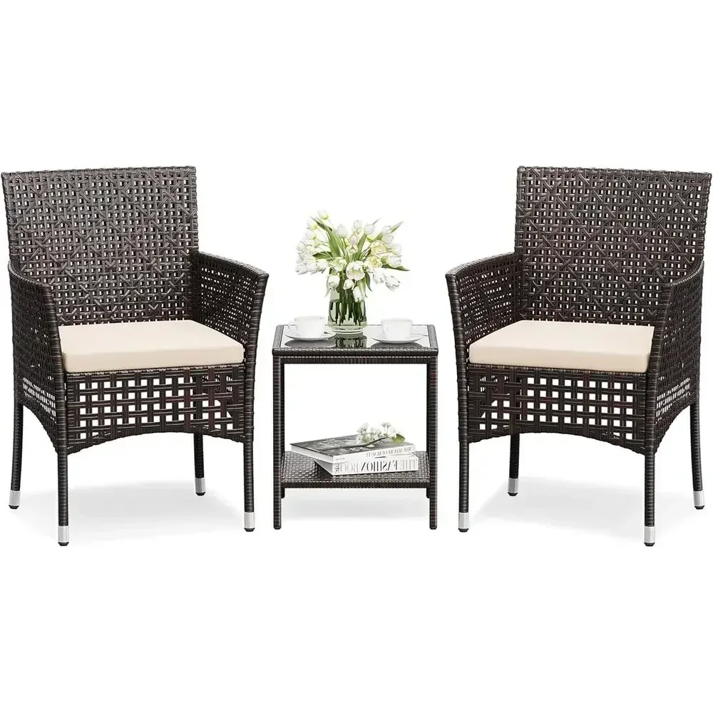 3-Piece Outdoor Wicker Furniture Set with Openwork Rattan Chairs and Coffee Table in Brown and Beige for Patio or Deck