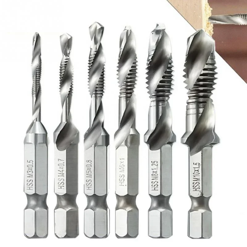 HSS Thread Spiral Screw Metric Composite Tap Drill Bit 6pcs 1/4 Hex Shank  M3 M4 M5 M6 M8 M10 Woodworking Tool