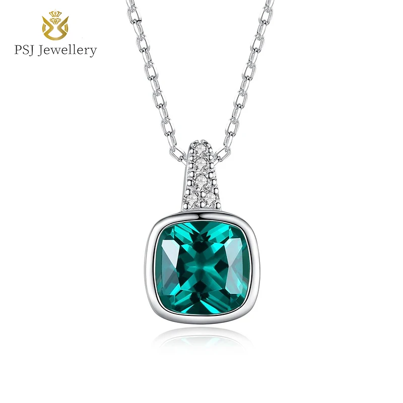 

PSJ Fashion Charm Jewelry Emerald Green Square Zircon Inlay Pendant Rhodium Plated S925 Sterling Silver Necklace for Women