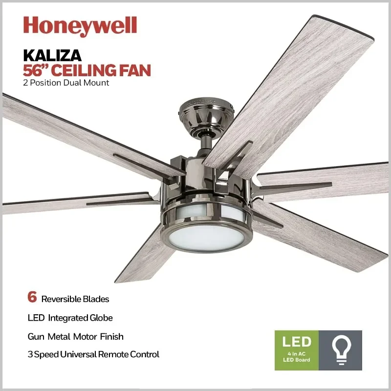 Honeywell Ceiling Fans Kaliza, 56 Inch Indoor Modern LED Ceiling Fan with Light and Remote Control, Dual Mounting Options