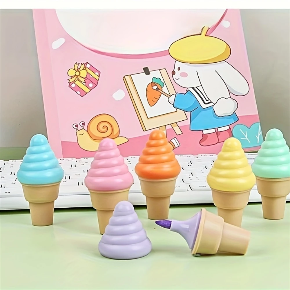 6Pcs Cartoon Ice Cream Cone Fluorescent Pens,Portable, Creative Desktop Small Stationery, Drawing Toys, Party Favor Gifts