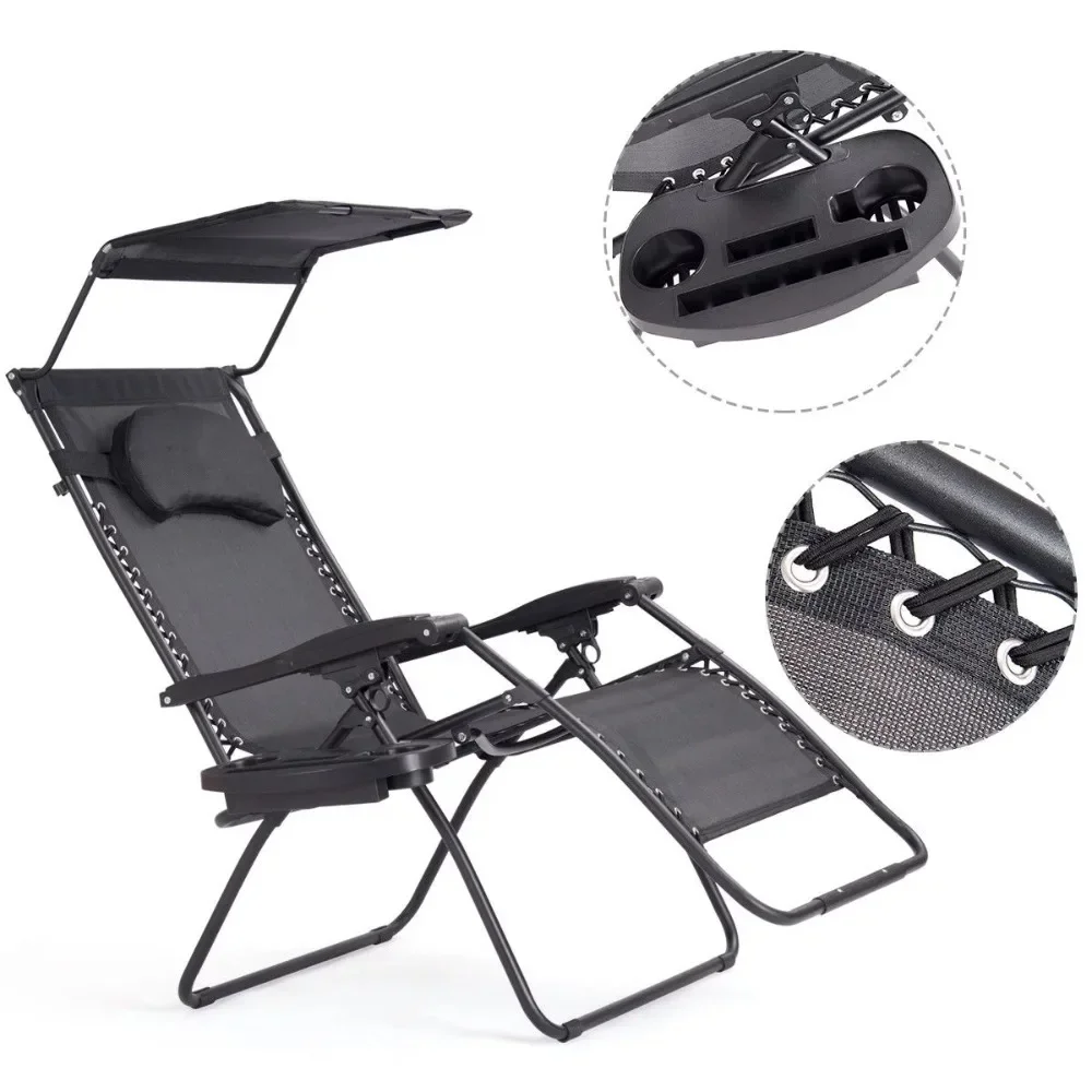 Outdoor Table Chair Set, Wicker Furniture OutdoorBlack Folding Recliner  Lounge Chair with Shade Canopy Cup Holder, Beach Chair