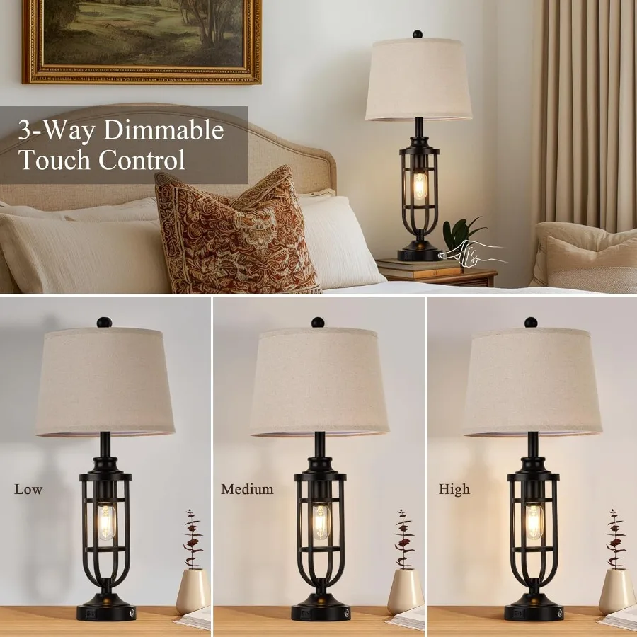 مصابيح طاولة مقاس 28 بوصة لغرفة المعيشة مجموعة من 2 مصابيح مزرعة للحوامل الليلية مع مصابيح بجانب السرير USB A + C لطاولات نهاية غرفة النوم