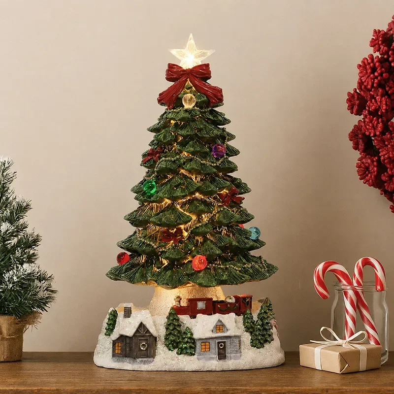 Christmas tree ornament gift hut decoration resin scene with light music box rotating luminous train gift