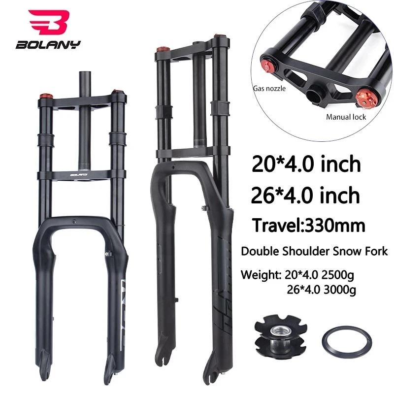 Bolany Double Shoulder Qr Beach Snow Bike Fork 26*4.0inch / 20*4.0 Inch 130mm Travel Air Suspension MTB E-bike Front Fork