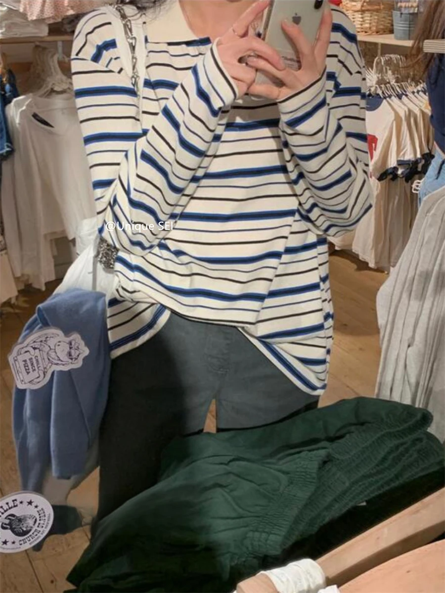 한국어 느슨한 streetwear 스트라이프 폴로 칼라 여성용 긴팔 티셔츠 봄 가을 새로운 캐주얼 모든 경기 여성 y2k top