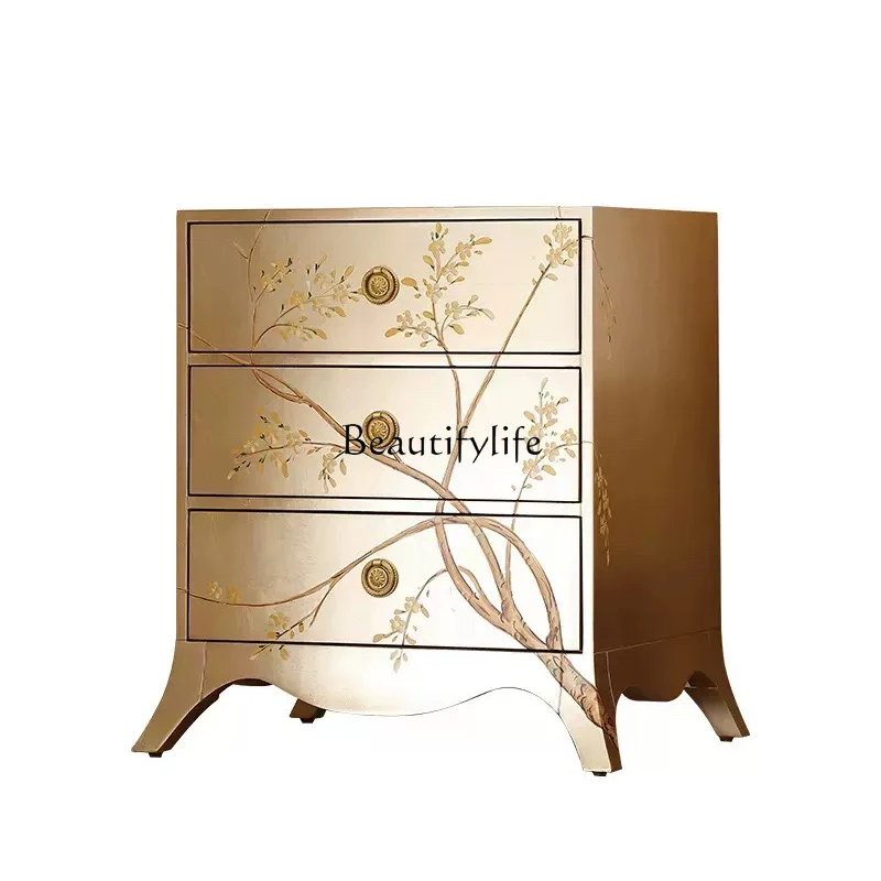 

French Entry Lux Wood Carved Bedside Table European Court Villa Hand Painted Master Bedroom with Drawer Bedside Table