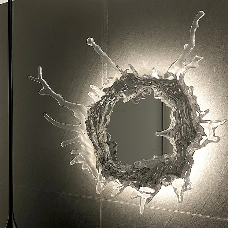 European Dresser Bathroom Creative Designer Home Decor Wall-mounted Mirror with Light Resin Art Water Splash Decorative Mirrors