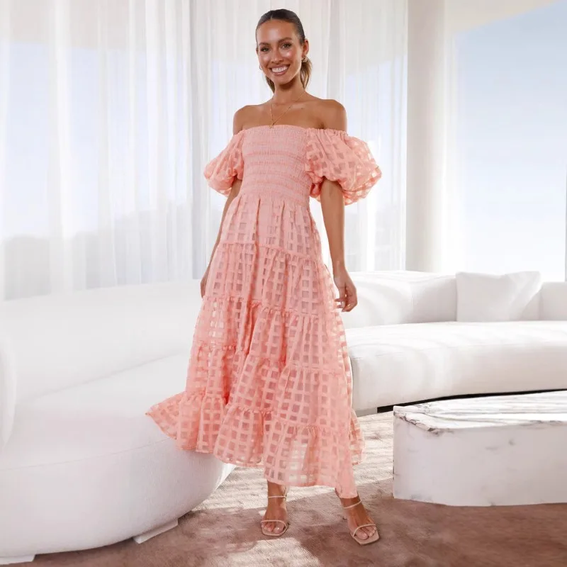 2025 novo vestido de retalhos em camadas com gola de uma peça e manga lanterna, saia fofa, vestidos de festa estilo feminino para mujer faldas