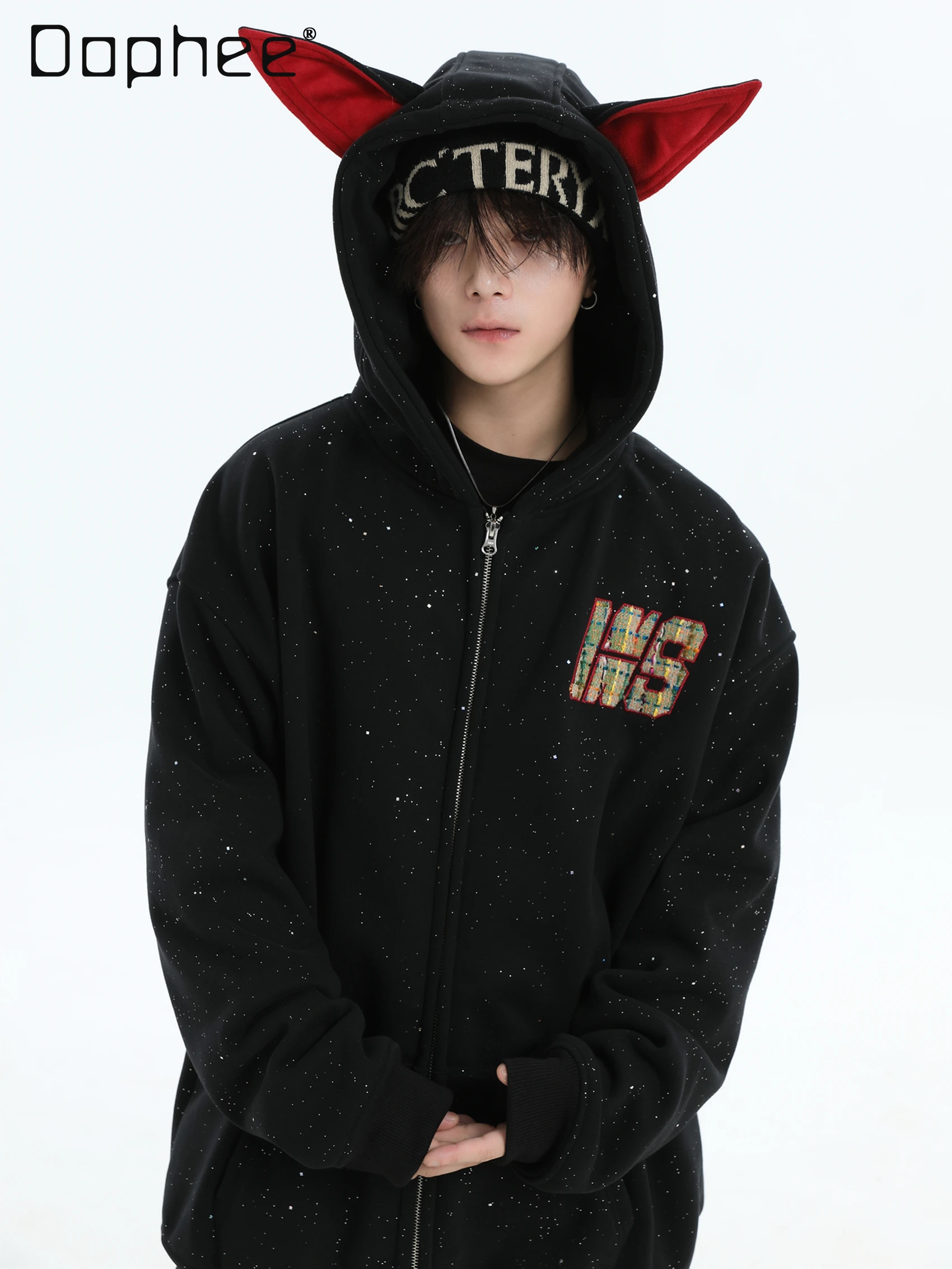 

Spring and Autumn American Style Men's Doberman Ears Black Hoodie Navy Blue Gray Starry Sky Couple Style Velvet Cardigan