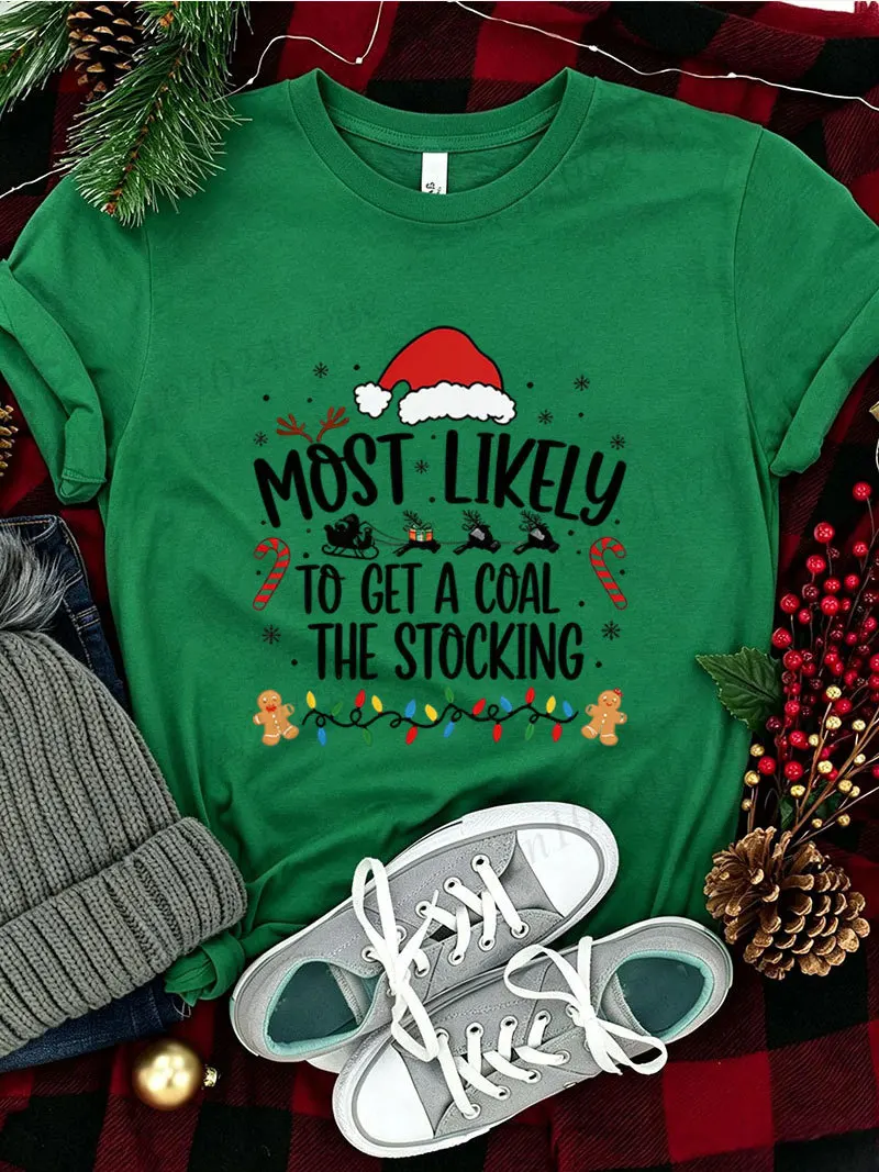 Family Matching Christmas T‑shirt Most Likely To Be Funny Santa Naughty List Tee Xmas Party Outfit Mom Dad Kids Holiday Gift