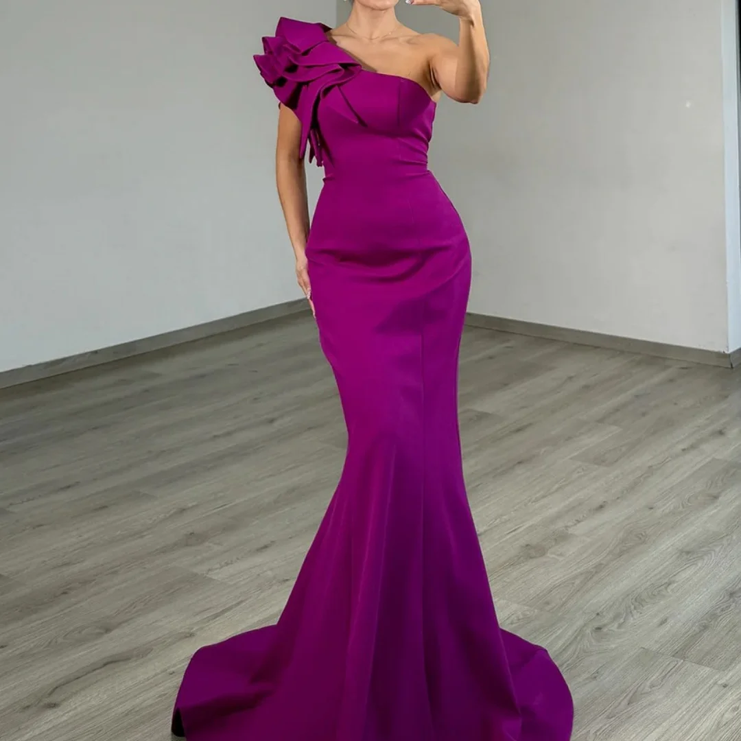 Bella personalizado fucsia un hombro decoración de lazo batas de satén de velada cola de sirena vestido largo elegante vestidos de fiesta con estilo