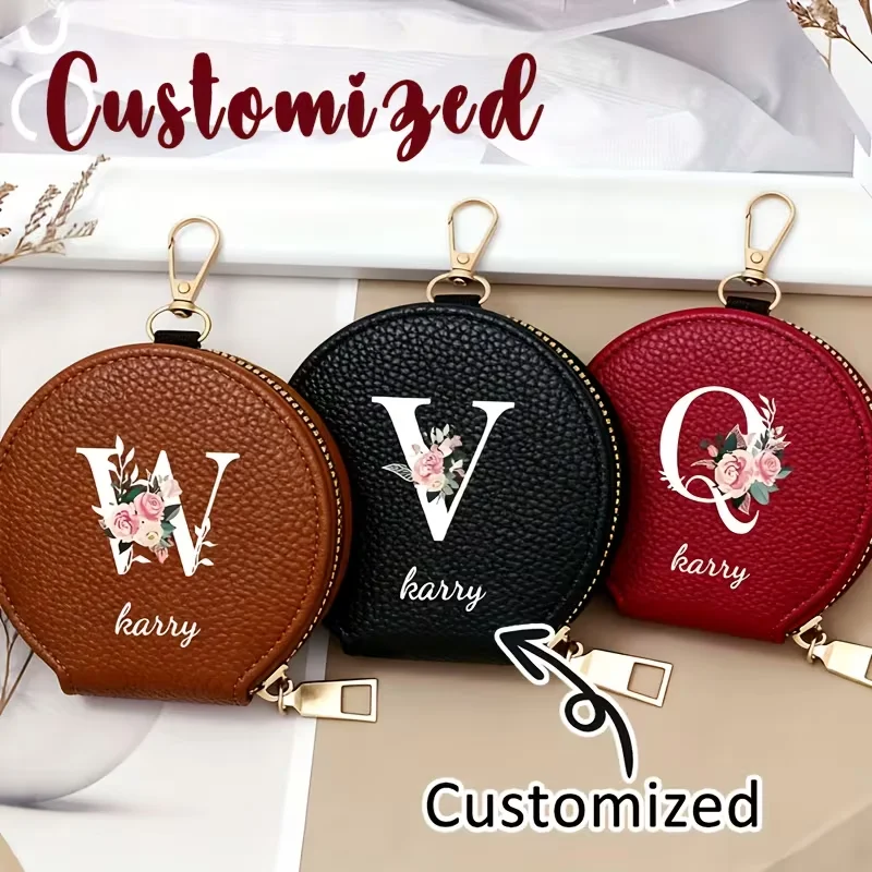 1 Piece Personalized Custom Fresh-Style Pu Leather Women's Zippered Coin Purse, Custom Letter Print Unisex Wallet, with Zipper Closure, Fashionable Multi-Color Simple Credit Card Holder, Durable Card Wallet, Gift for Friends, Ins-Style Portable Round Mini Bag