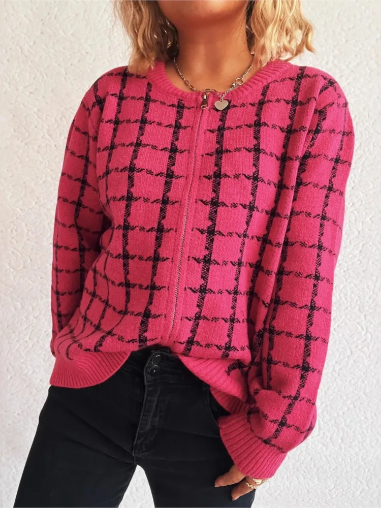 

Women's Zipper Long-sleeved Cardigan Sweater Autumn And Winter New Casual Round-neck Plaid Contrast Retro Commuting Knitwear