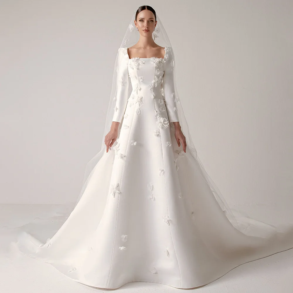 Saudi ชุดแต่งงานที่กําหนดเองสแควร์คอยาวแขนยาว 3D ดอกไม้สาย Court Train ซาตินชุดเจ้าสาว Vestido De Noiva