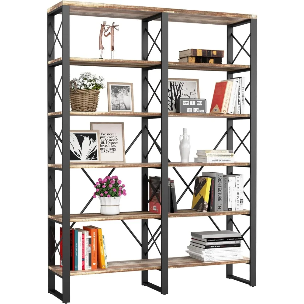 Library Shelf-Bookshelves Double Wide 6-Tier 76" H, Open Large Bookcase, Industrial Style Shelves for Home Office, Easy Assembly