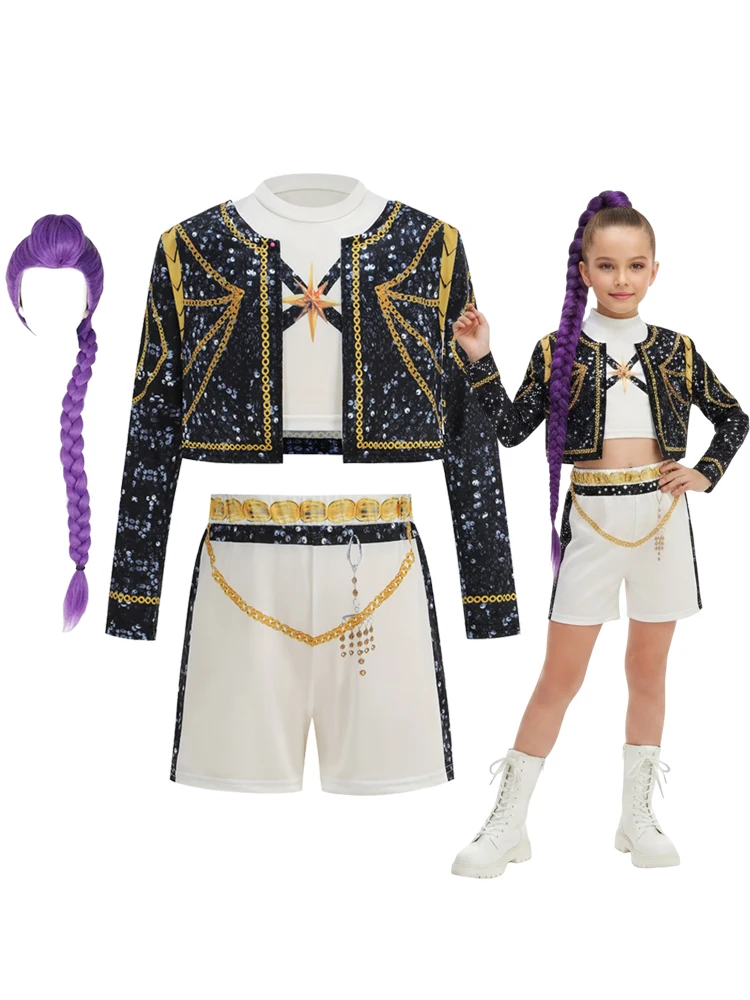 Mädchen Tanzoutfit 3-teiliges Set Halloween Cosplay Top Jacke Rock Shorts Koreanisches Rollenspiel Sänger Show Bühnen-Performance Kostüm – Detail 2