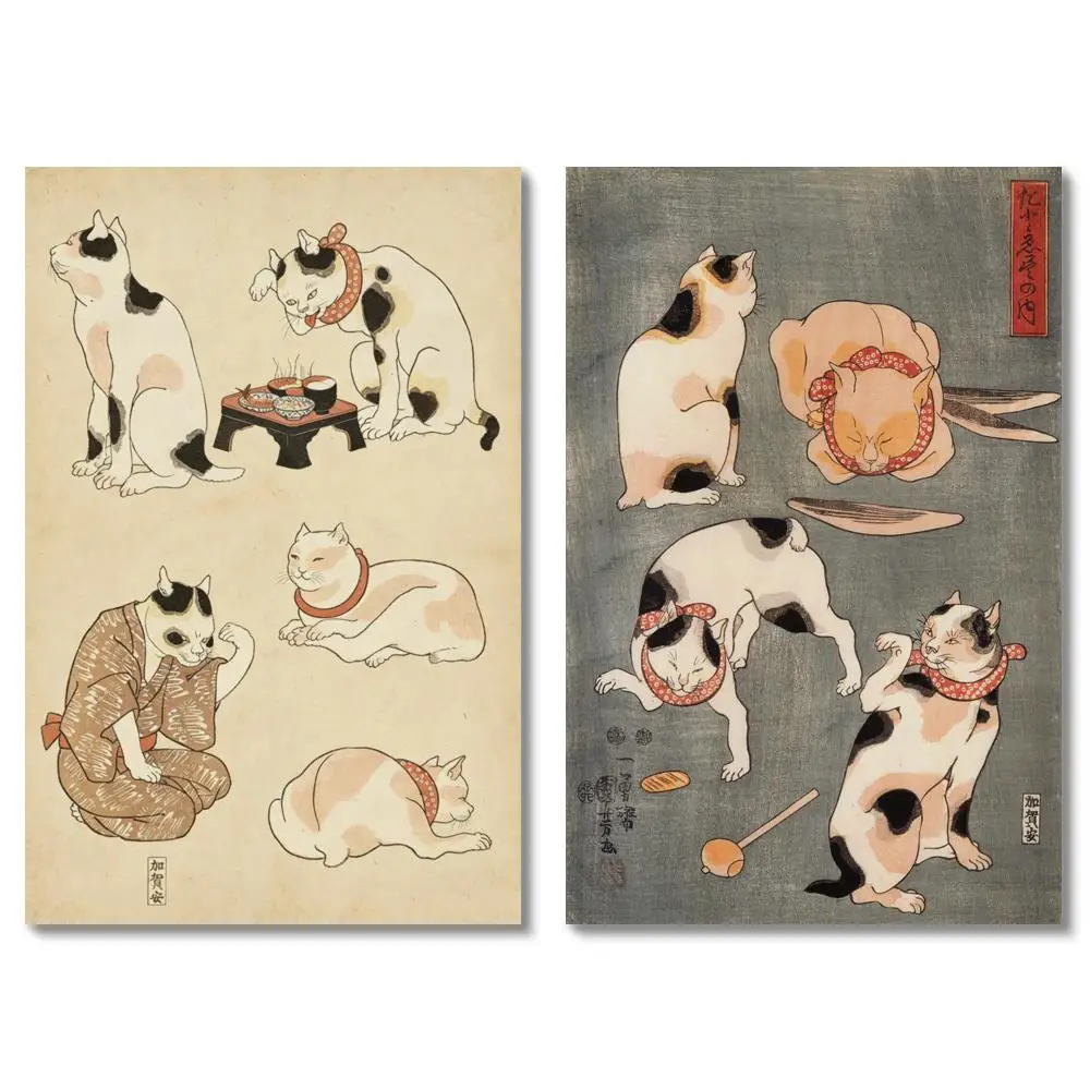 Large Canvas Prints Utagawa Kuniyoshi Cats Wall Art HD Vintage Japanese Ukiyo e Whimsical Decor for Modern Bedroom Kids Room