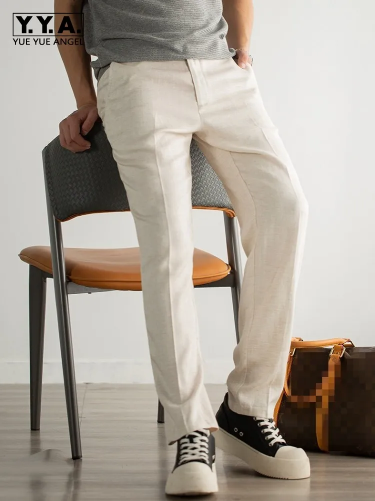 

Office Mens Summer Work Suit Pants Business Casual Linen Pants Thin Style Comfortable Loose Fit Solid Color Straight Trousers