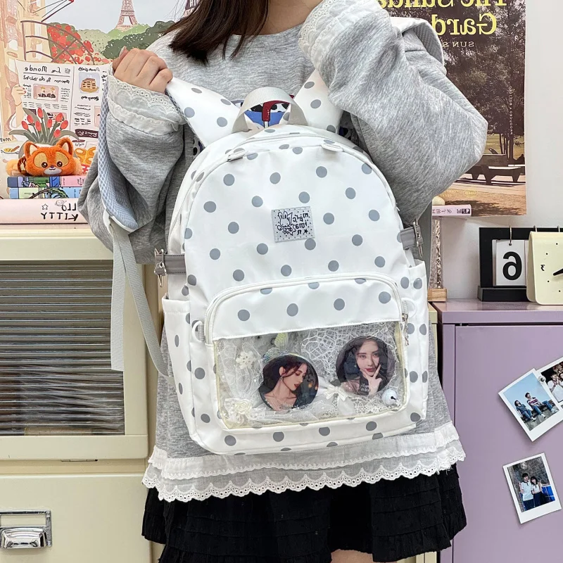 Tas ransel polkadot lucu untuk mahasiswi, estetika tinggi, kapasitas besar, ringan, cocok untuk sekolah