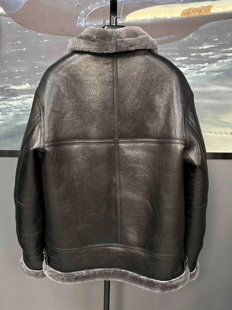 American Classic Retro Real Fur Mens Jacket Winter Warm Thick Jackets Lapel Wool Lining Coat Genuine Leather Sheepskin Outerwear view 5