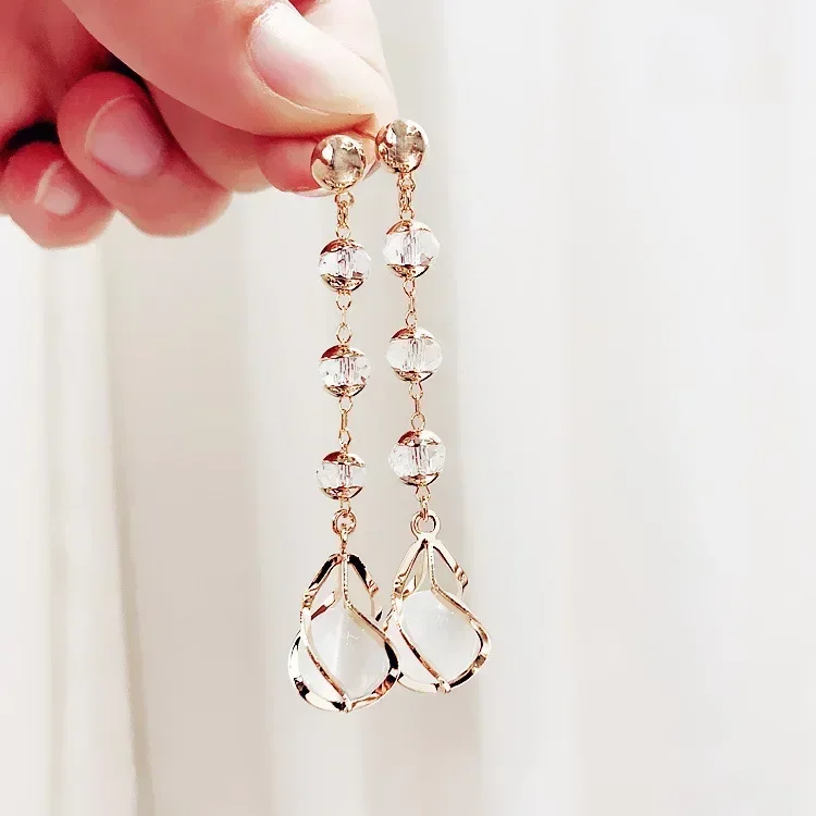 Длинные опаловые серьги с кристаллами из австрийской индивидуальности, серебряные серьги-иглы 925, простые серьги с кисточками Длинные опаловые серьги с кристаллами из австрийской индивидуальности, серебряные серьги-иглы 925, простые серьги с кисточками