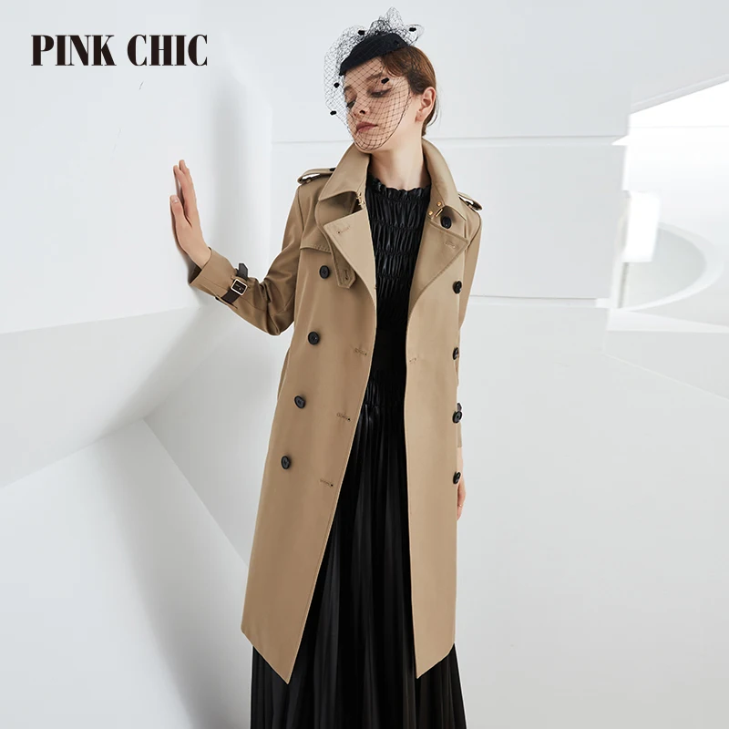 PINK CHIC British New Spring Autumn Windbreaker Mid Length Lapel Collar Women Double Breasted Waist Belt Grace Female Trench 803