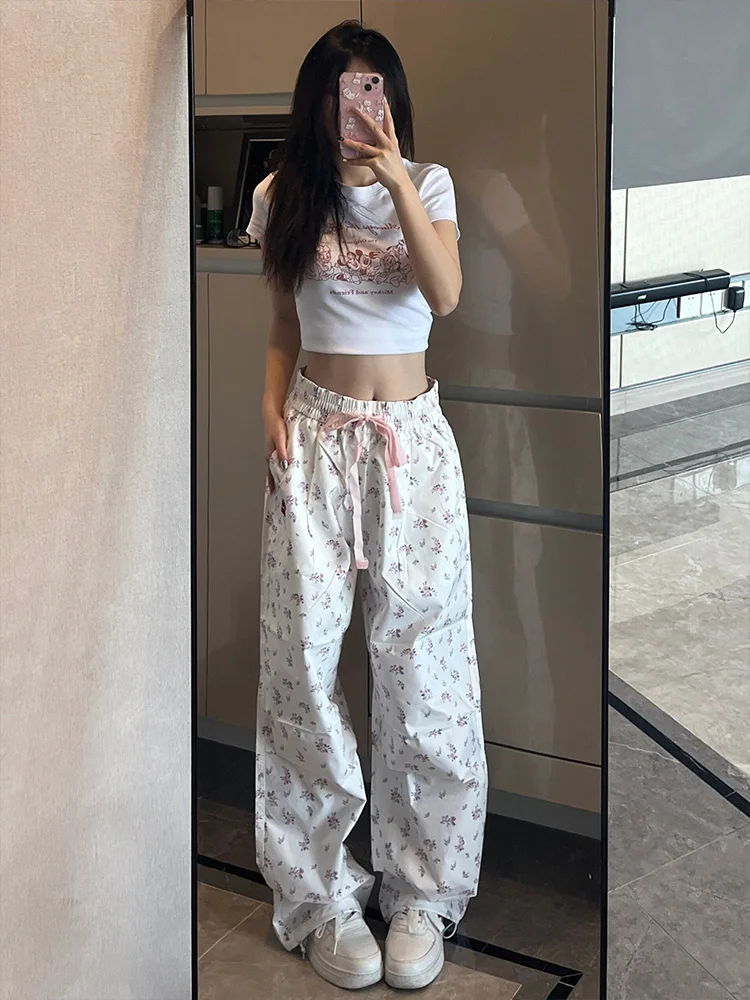 Białe spodnie z szerokimi nogawkami damskie letnie cienkie luźne proste spodnie w stylu casual mały rozmiar odzież robocza spodnie sportowe spodnie z wysokim stanem długie spodnie