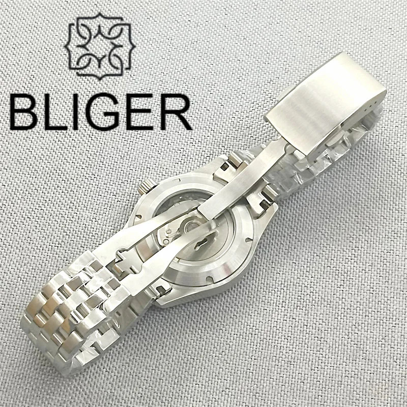 BLIGER 36mm/39mm Dive Pilot Watch For Men Brushed Bezel Domed Sapphire Crystal NH35 Automatic Movement Waterproof Steel Bracelet