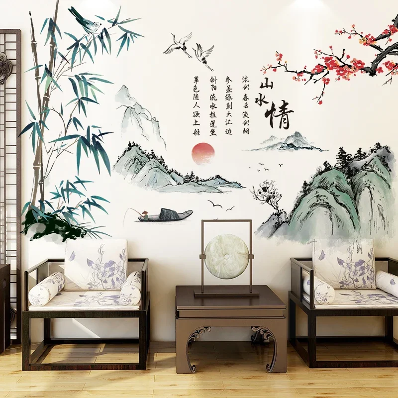 Chinese Style Landscape Wall Stickers Living Room Backdrop Wall Decoration Aesthetic DIY Large Scenery Wallpaper Retro Mural