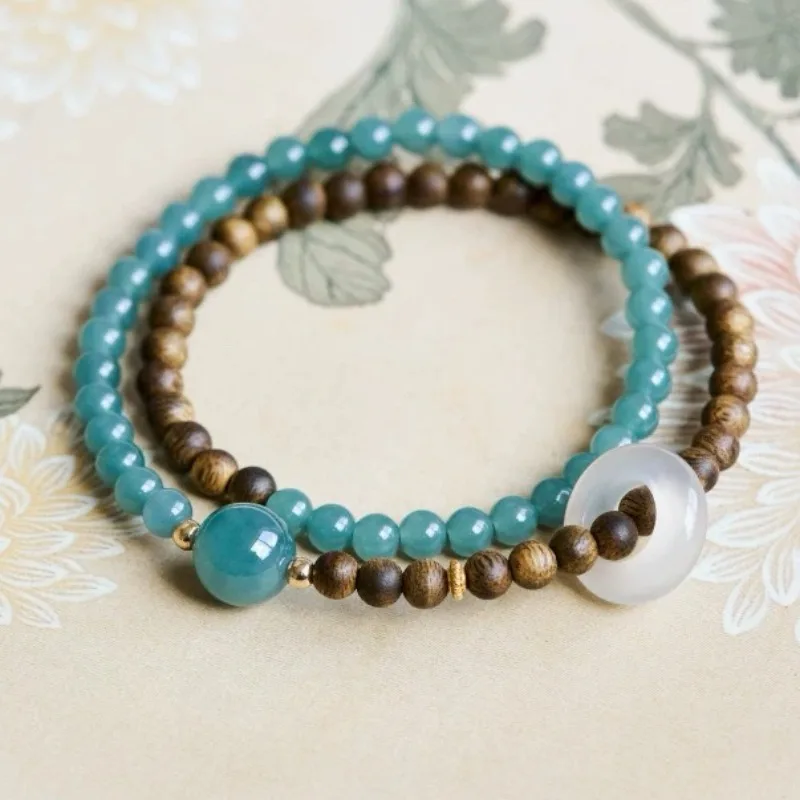 Natural Agarwood Bead Bracelet DIY Jadeite Blue Agate Double Strand Vintage Bracelet Gifts