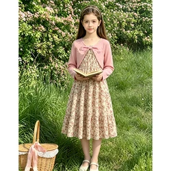 Kid Girl Long Sleeve Bow Design Coat & Beige All Print Shirred-Bodice Sling Dress Set Cute Sweet Elegant Princess Dress For Kids