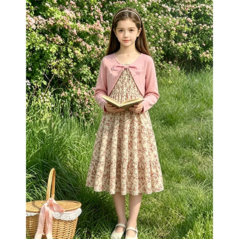 Kid Girl Long Sleeve Bow Design Coat & Beige All Print Shirred-Bodice Sling Dress Set Cute Sweet Elegant Princess Dress For Kids