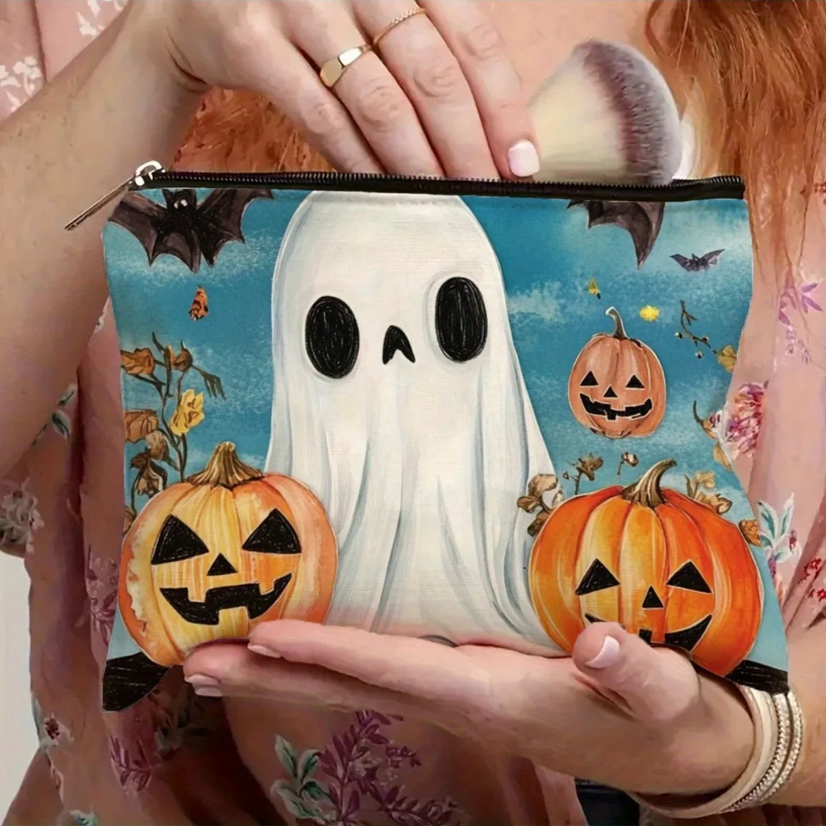 Eine Make-up-Tasche mit Halloween-Geist-Kürbis-Muster – multifunktionale Reißverschlusstasche, Schmuckaufbewahrungstasche, perfekter Reise-Reißverschluss, kleiner Sto