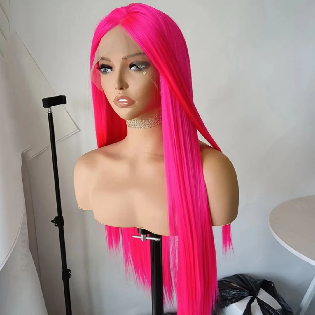 Rdy Hot Pink Lace Front Perücke langes glattes Haar Frontal Rose Red synthetische Spitze Perücken für Frauen täglich leimlosen natürlichen Haaransatz