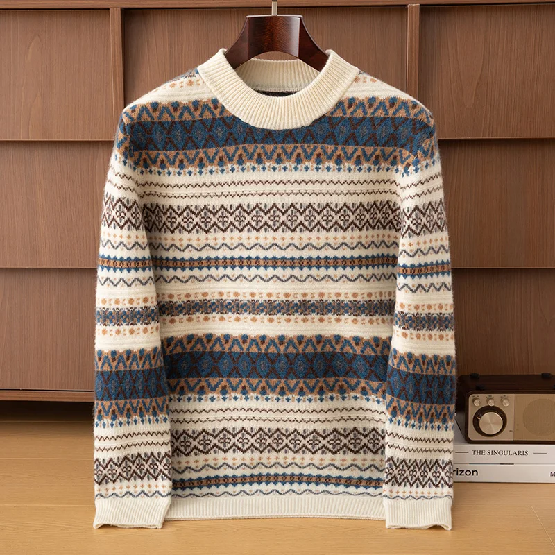 

100% Merino Wool Trade Men's Half High Neck Knitted Pullover Fashion Fair Island Jacquard Top Autumn/Winter Warm Men's Wear